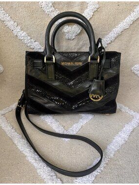 Michael Kors Black Leather and Sequin Stripe Small Satchel